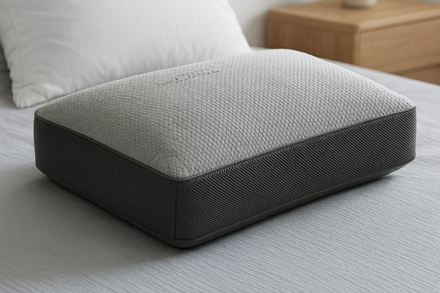 Almohada gris texturizada sobre una cama con ropa de cama blanca y una mesita de noche de madera al fondo.