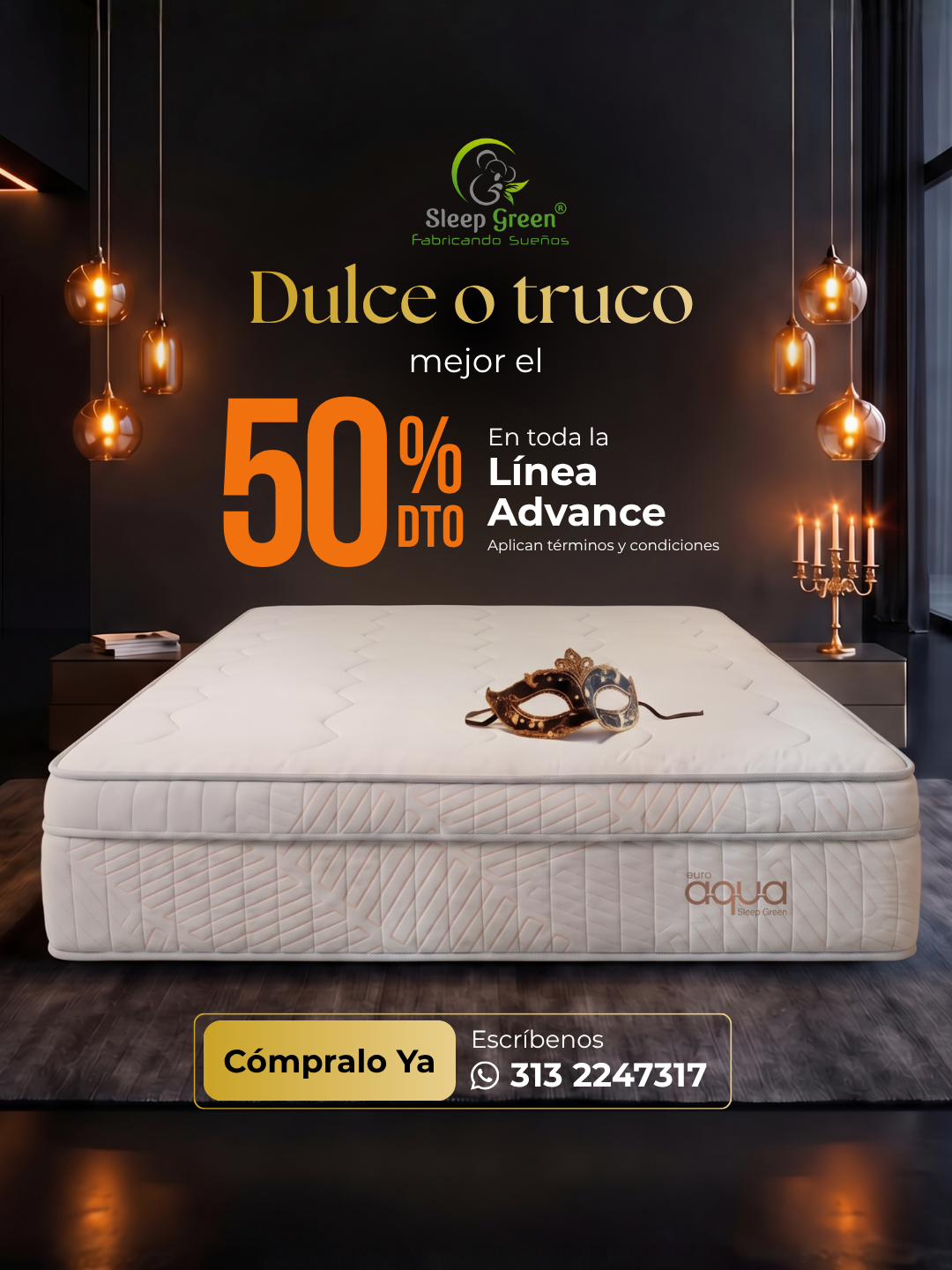Anuncio de colchón con un 50 % de descuento y anticipo gratis, con una cama blanca sobre un fondo oscuro
