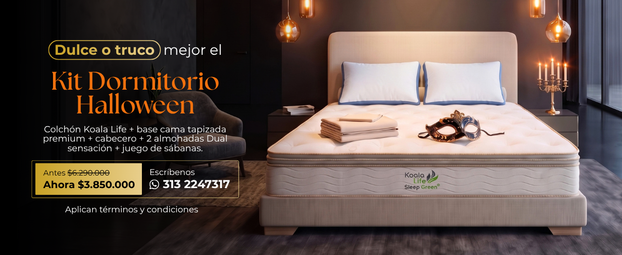 Promoción de camas en un hotel de lujo para Kin Dormitory en Halloween, habitación con iluminación cálida, decoración festiva y texto promocional