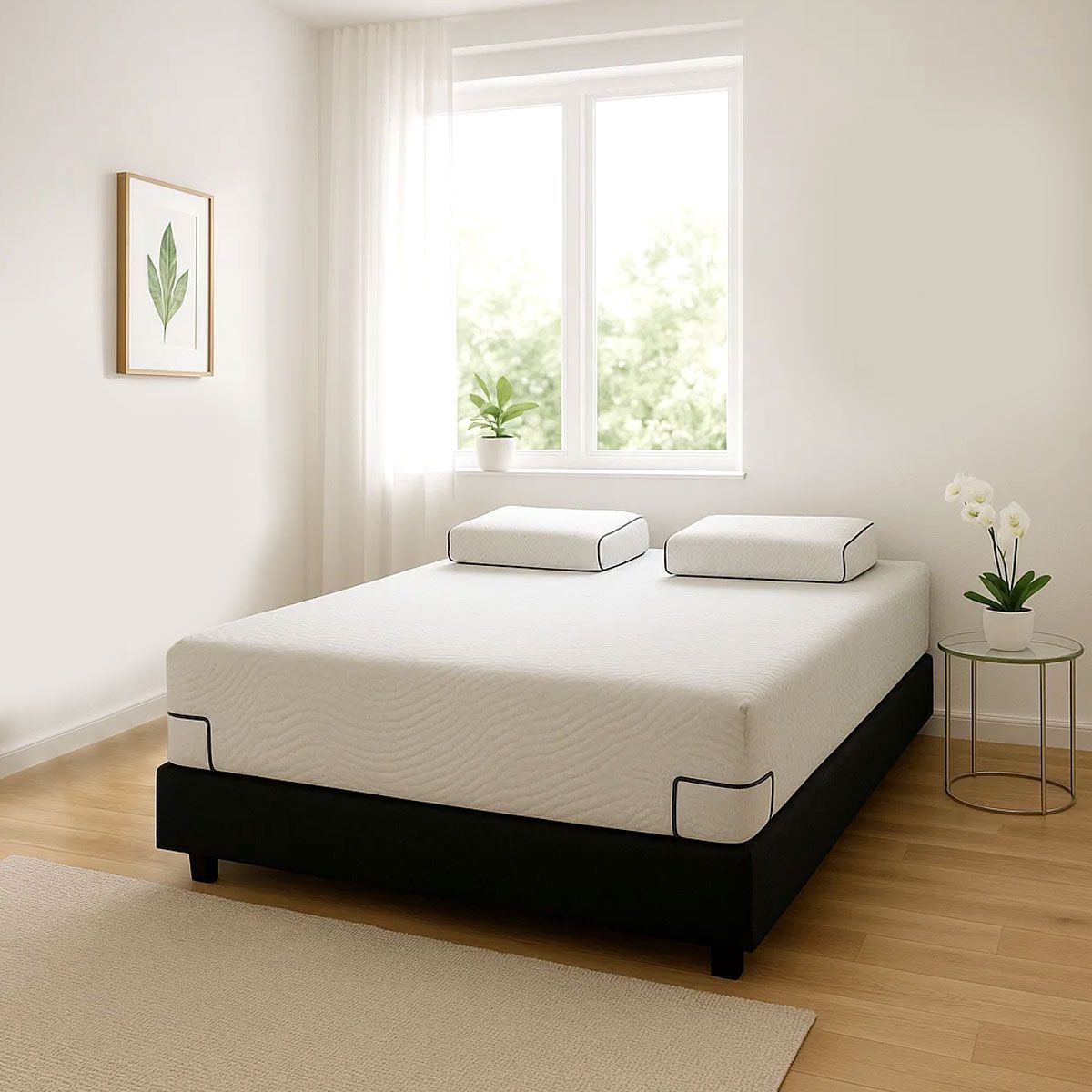 Dormitorio minimalista blanco con estructura de cama negra, dos almohadas, ventana, cuadro enmarcado y flores junto a la cama.