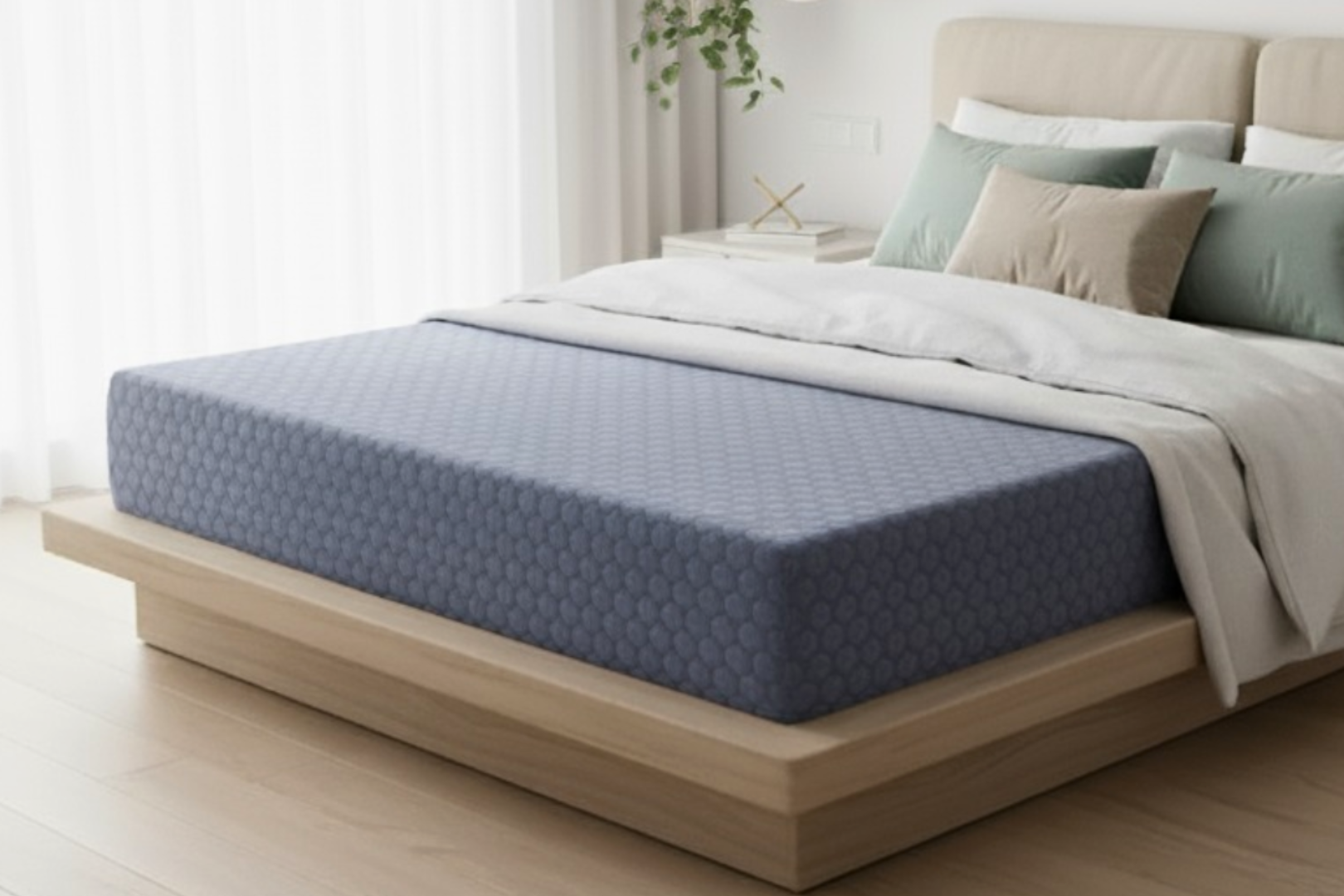 Cama moderna con colchón azul, ropa de cama beige y estructura de madera clara en un dormitorio luminoso.