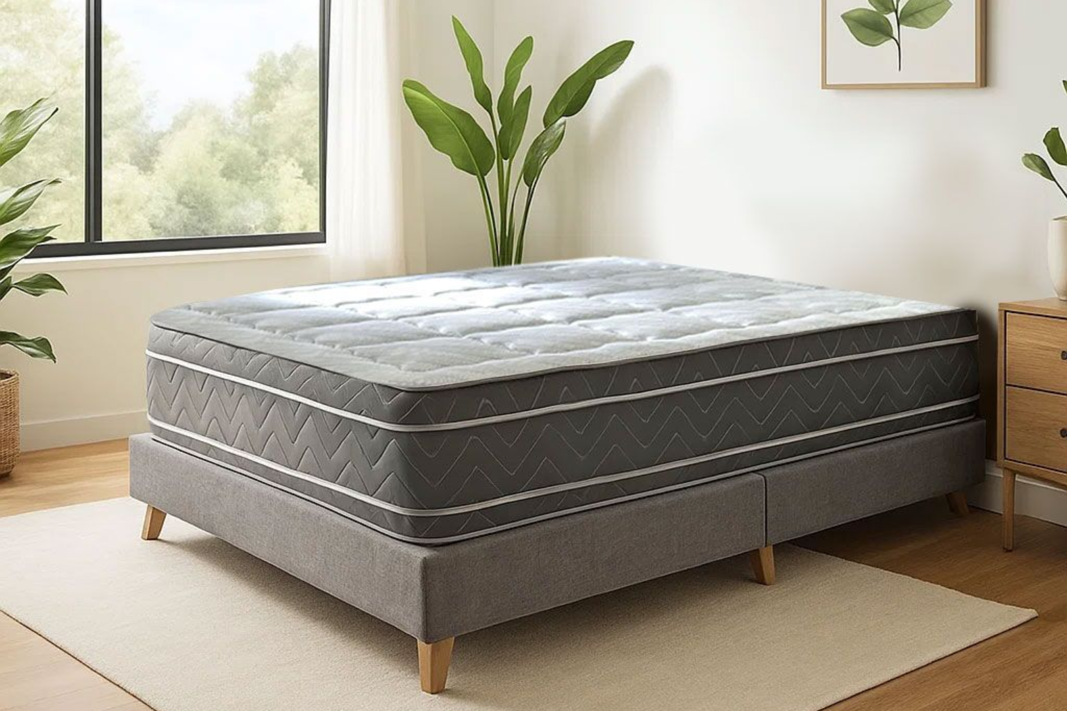Colchón gris sobre un somier en un dormitorio luminoso con plantas en macetas y una ventana.