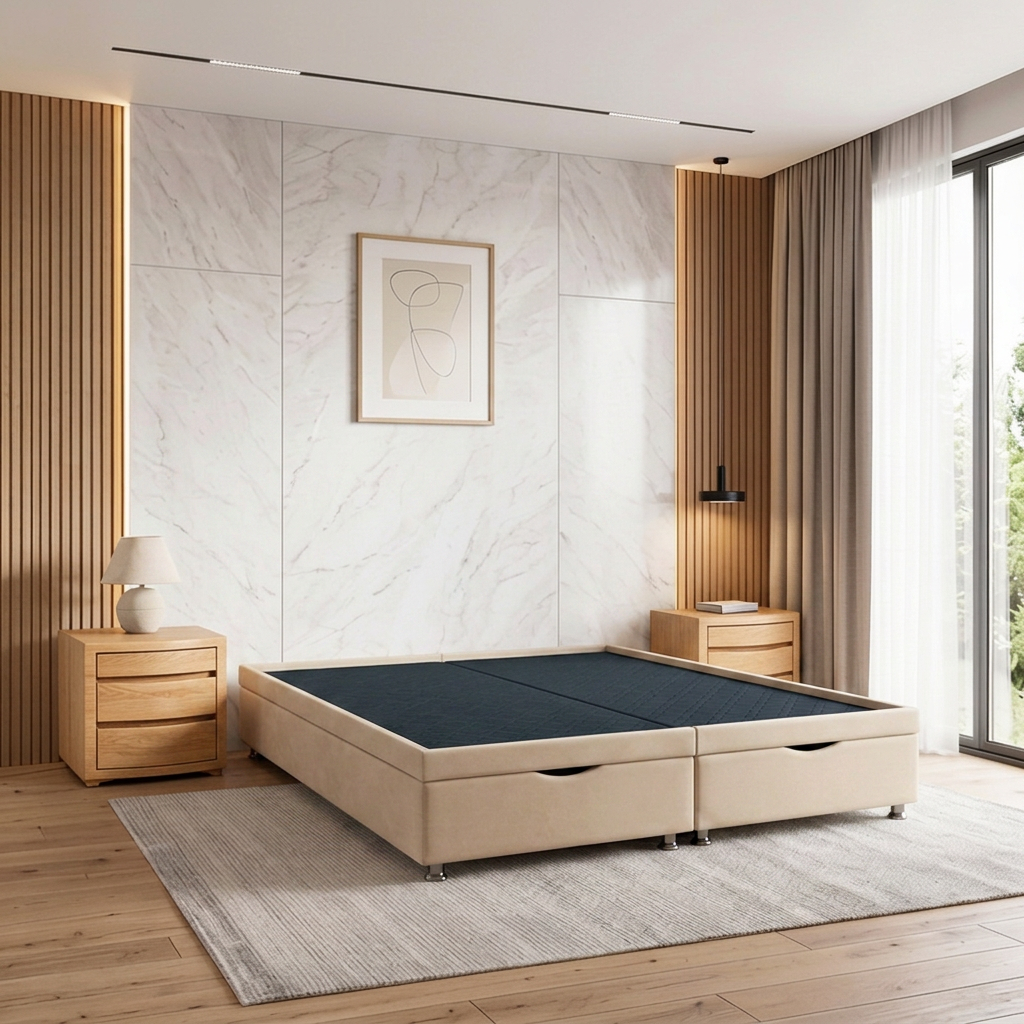 Dormitorio moderno minimalista con cama beige, mesitas de noche de madera, alfombra texturizada y cortinas que van del suelo al techo.