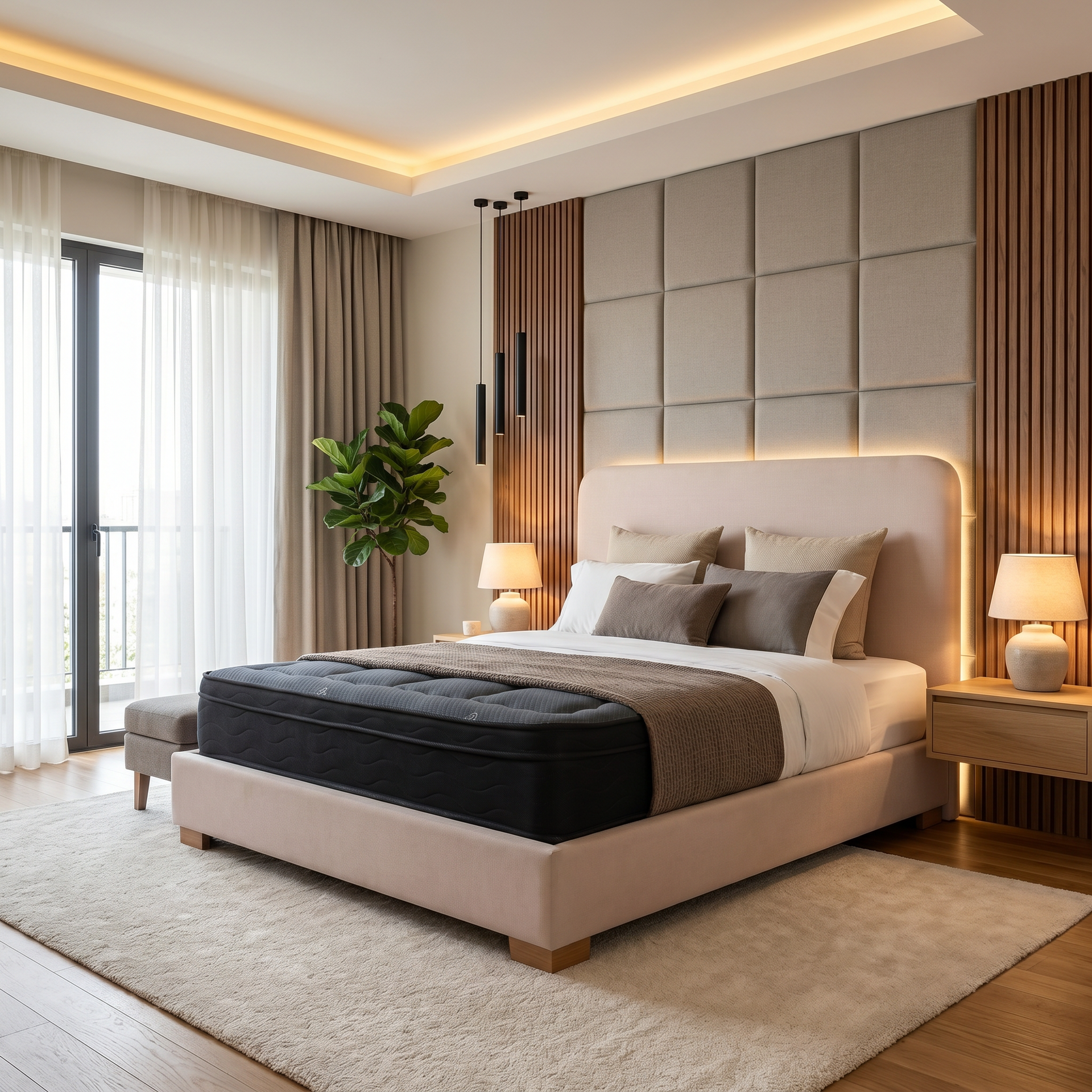 Dormitorio moderno de color beige con una cama grande tapizada, iluminación tenue, cortinas y una planta en maceta.
