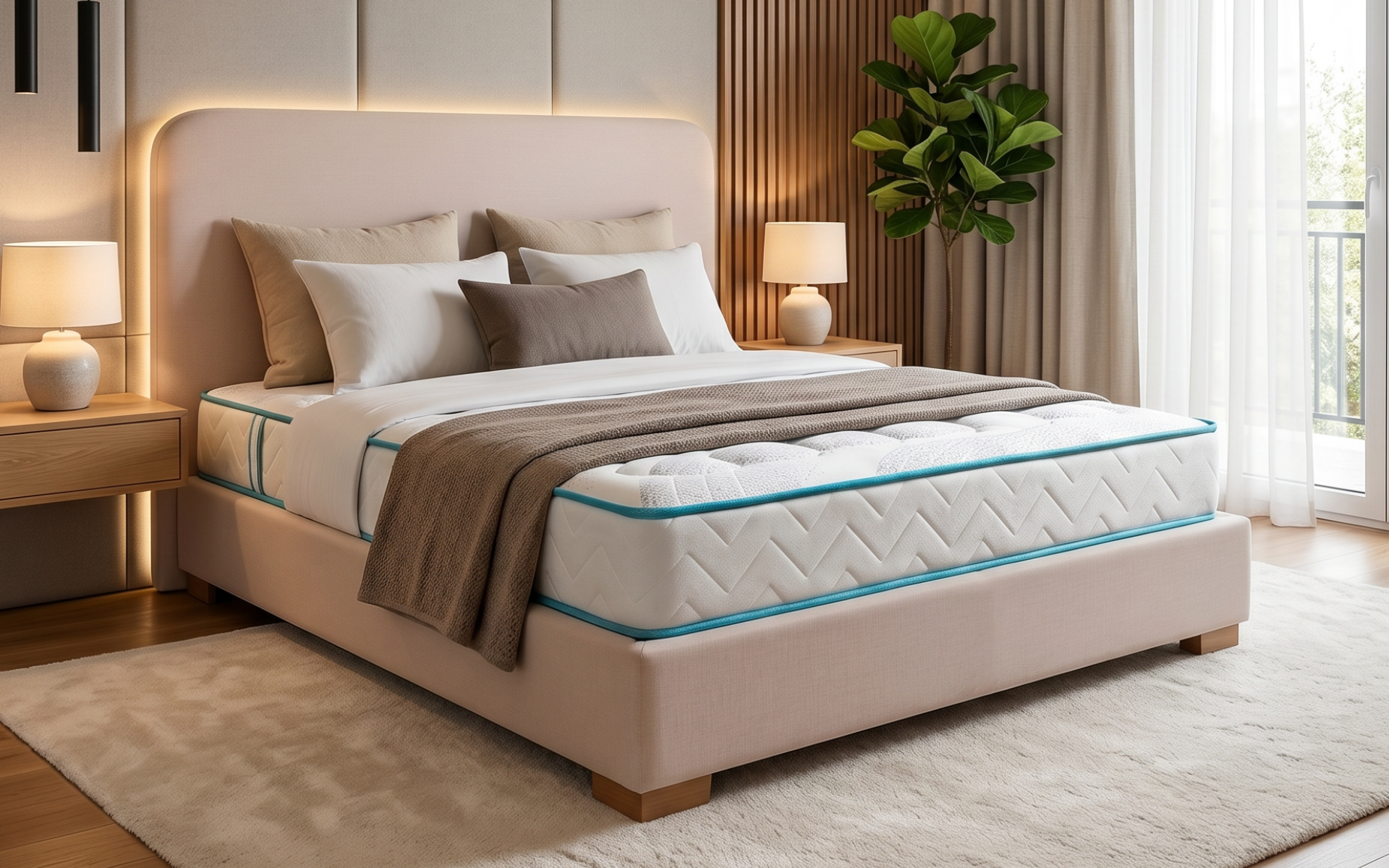 Dormitorio moderno de color beige con una cama bien hecha, lámparas de noche, cortinas y una planta en maceta.