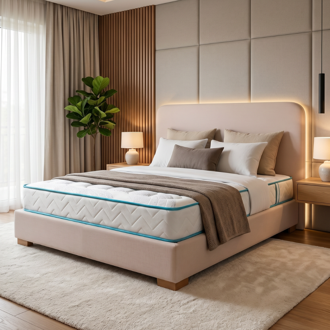 Dormitorio moderno con cama tapizada en color beige, iluminación tenue, cortinas, planta y decoración neutra.