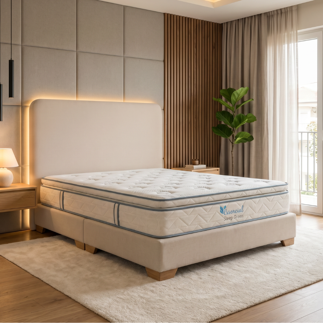 Dormitorio moderno con cama tapizada en color beige, colchón a rayas, iluminación cálida y una planta en maceta junto a la ventana.