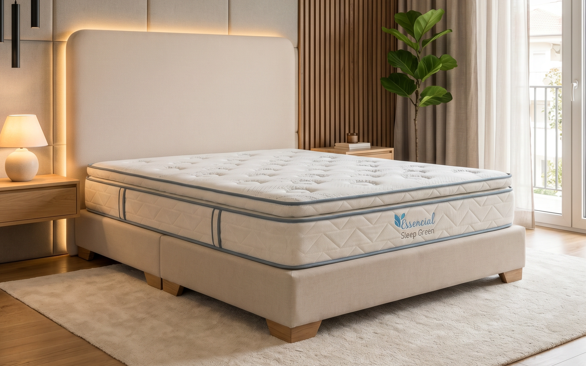 Cama moderna tapizada en color beige con colchón en un dormitorio luminoso, junto a una mesita de noche y una planta.
