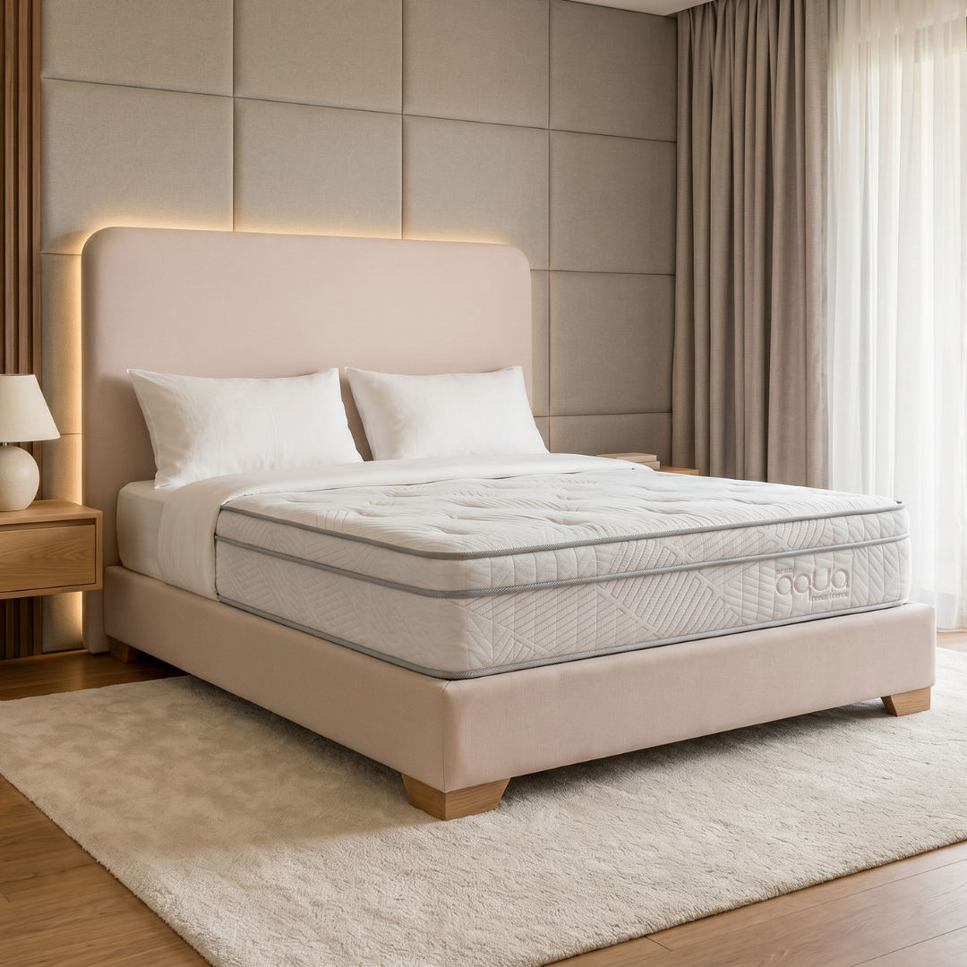 Dormitorio moderno de color beige con cama tapizada, ropa de cama blanca y ventana grande con cortinas.