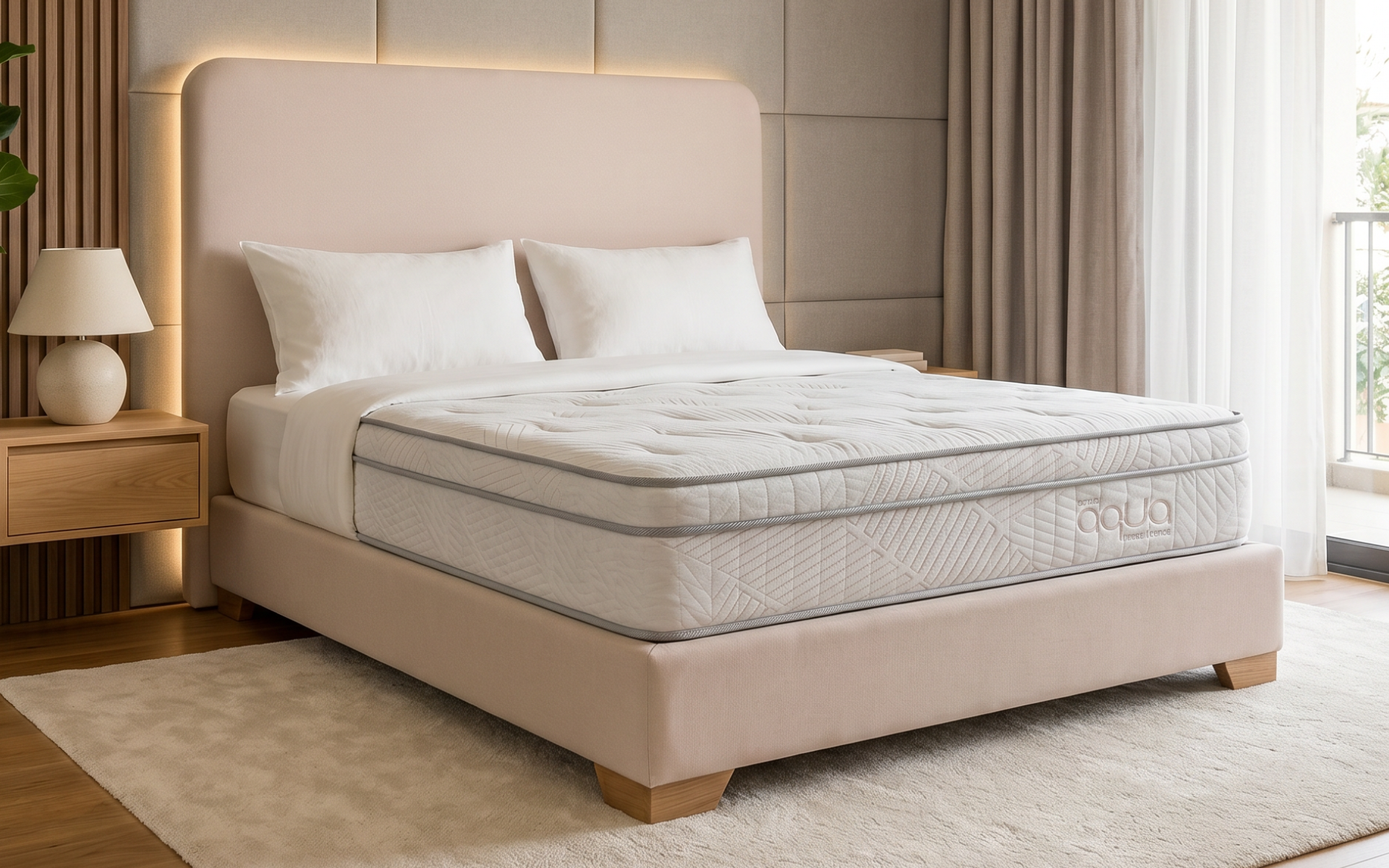 Cama tapizada en color beige en un dormitorio moderno y luminoso con ropa de cama blanca y detalles de madera.