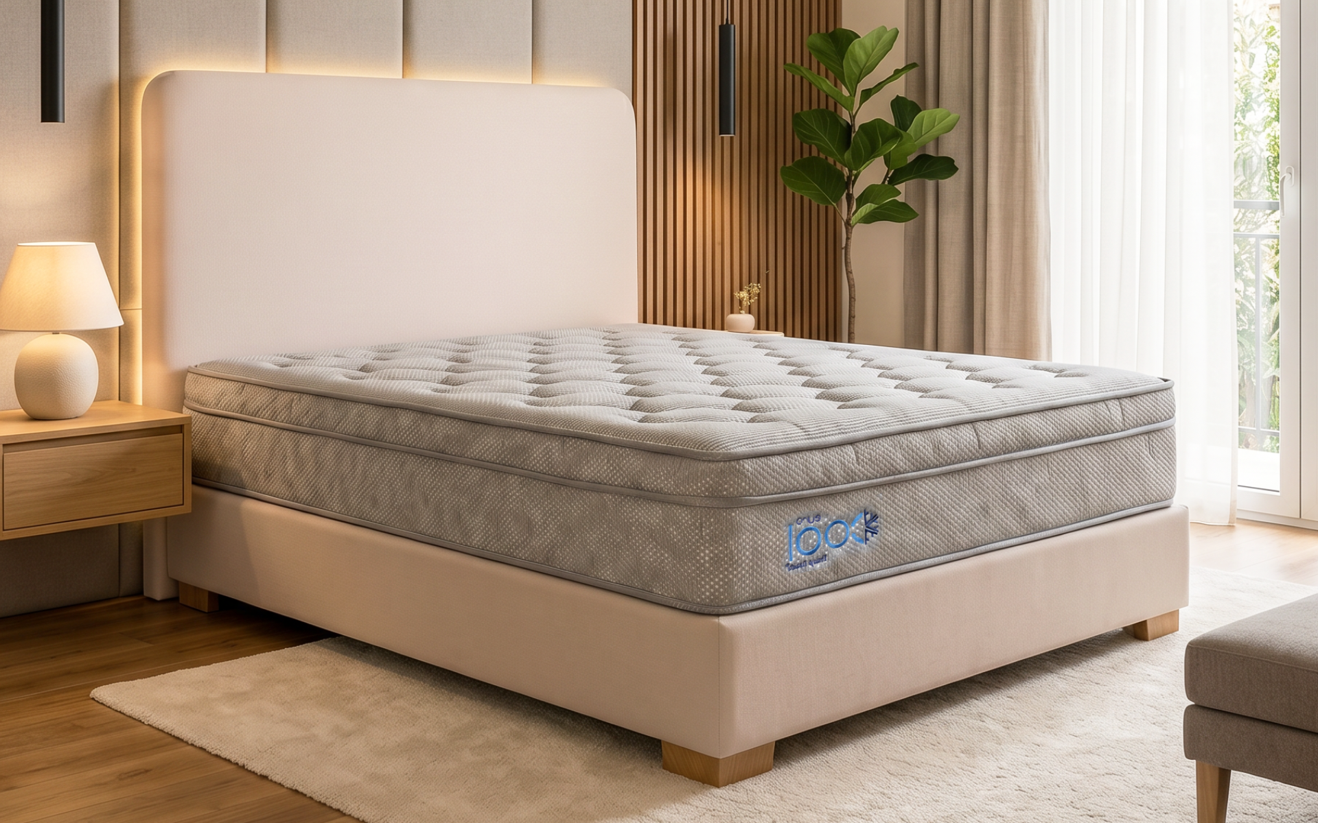 Cama moderna tapizada en color beige con colchón gris en un dormitorio luminoso y acogedor.