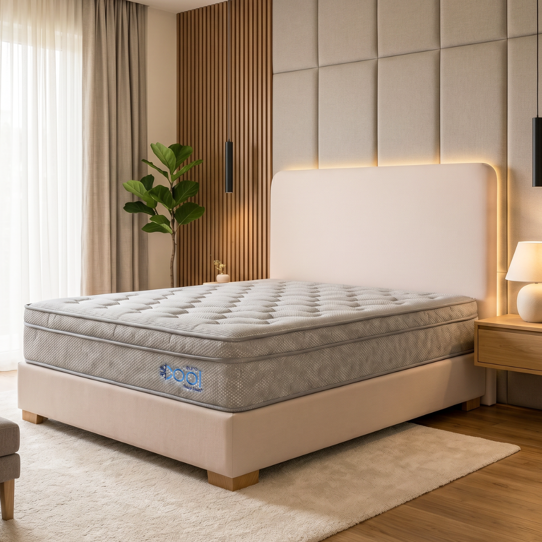 Dormitorio moderno con cama tapizada en color beige, colchón capitoné, detalles en madera e iluminación cálida.