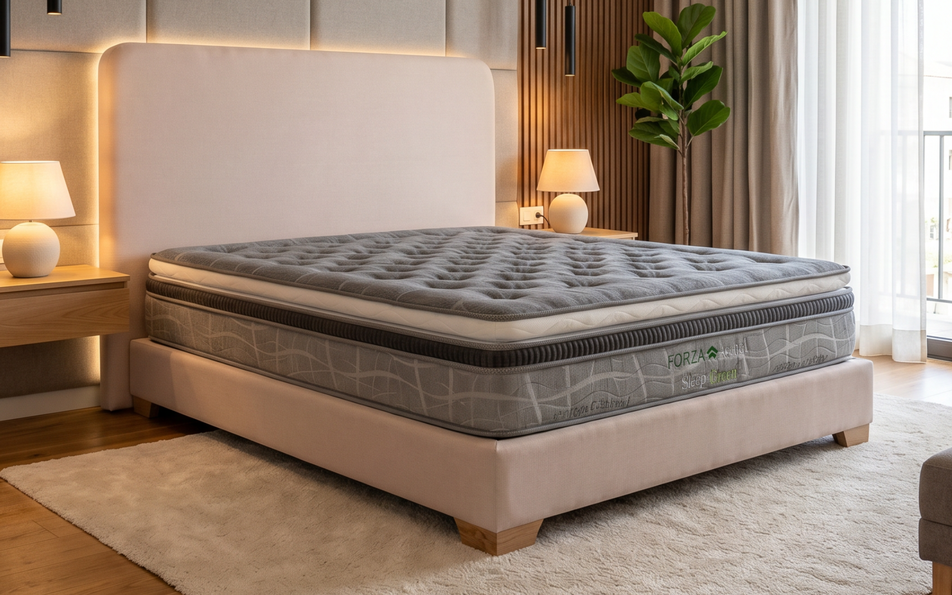 Dormitorio moderno con una cama beige bien hecha, colchón gris, lámparas cálidas y una planta de interior.