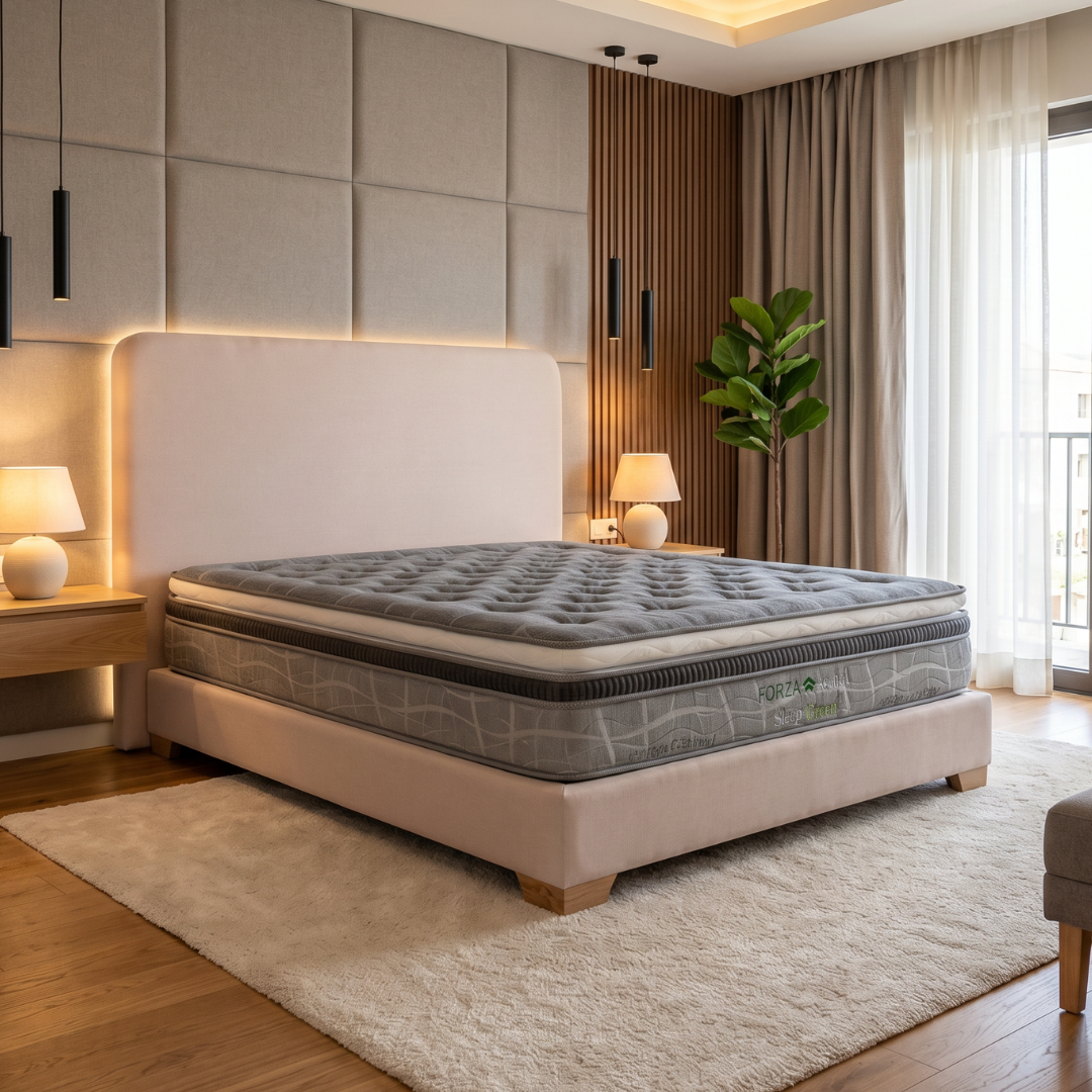 Dormitorio moderno con cama tapizada en color beige, ropa de cama gris, lámparas cálidas y grandes ventanas con cortinas.