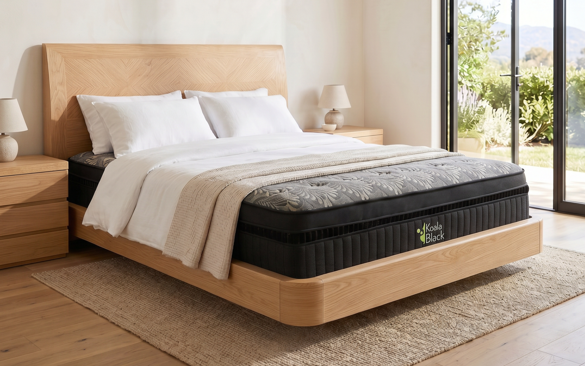 Dormitorio moderno con cama de madera, ropa de cama blanca y alfombra junto a grandes ventanales.