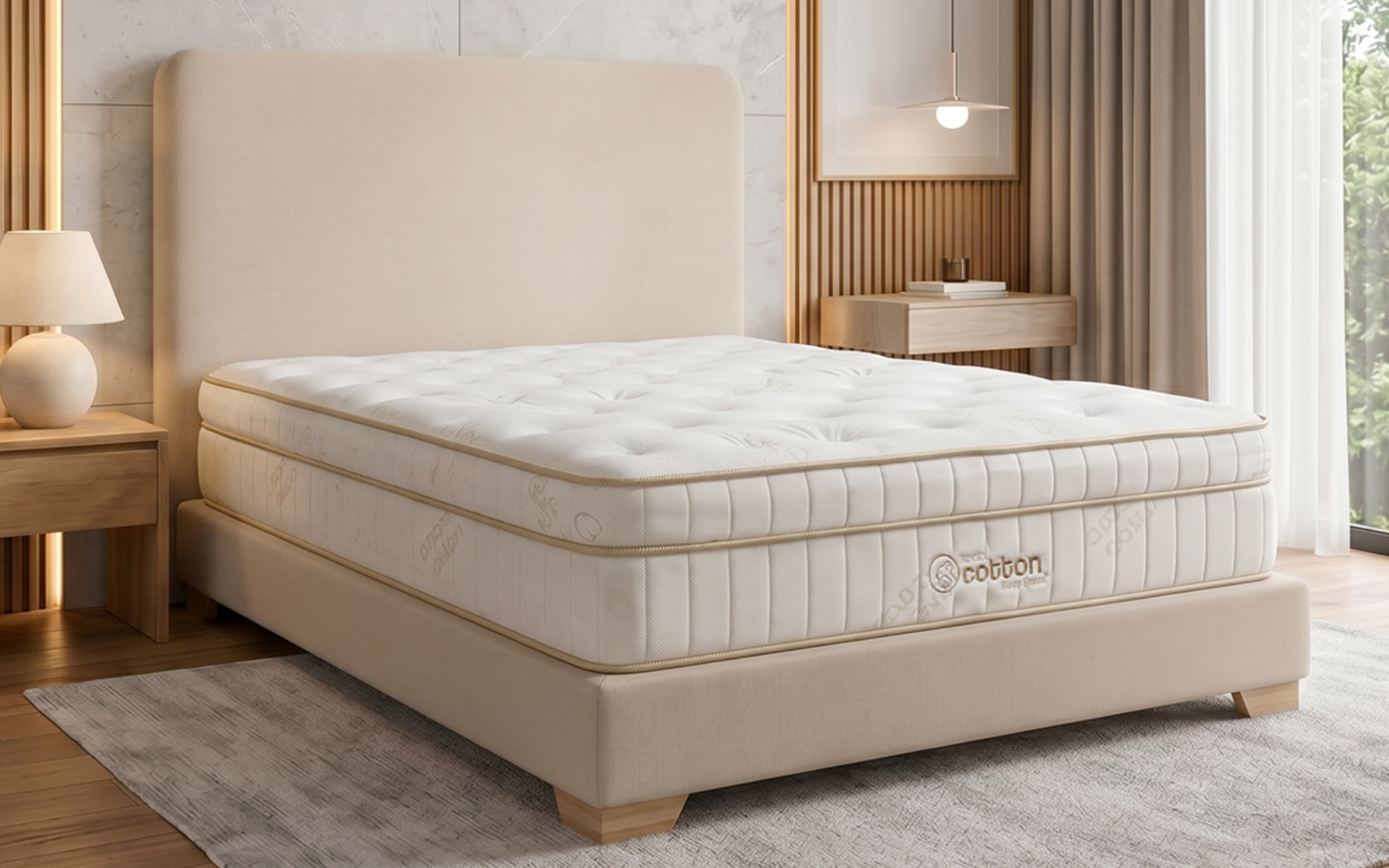 Cama moderna tapizada en color beige con cabecero a juego en un dormitorio luminoso y minimalista.