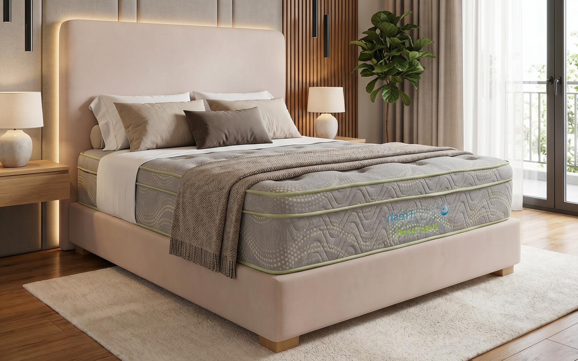 Dormitorio moderno de color beige con cama tapizada, ropa de cama en capas, mesitas de noche, lámparas, planta y puertas corredizas de vidrio.