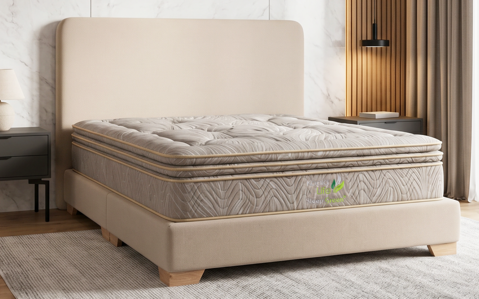 Cama tapizada en color beige con colchón en un dormitorio moderno.