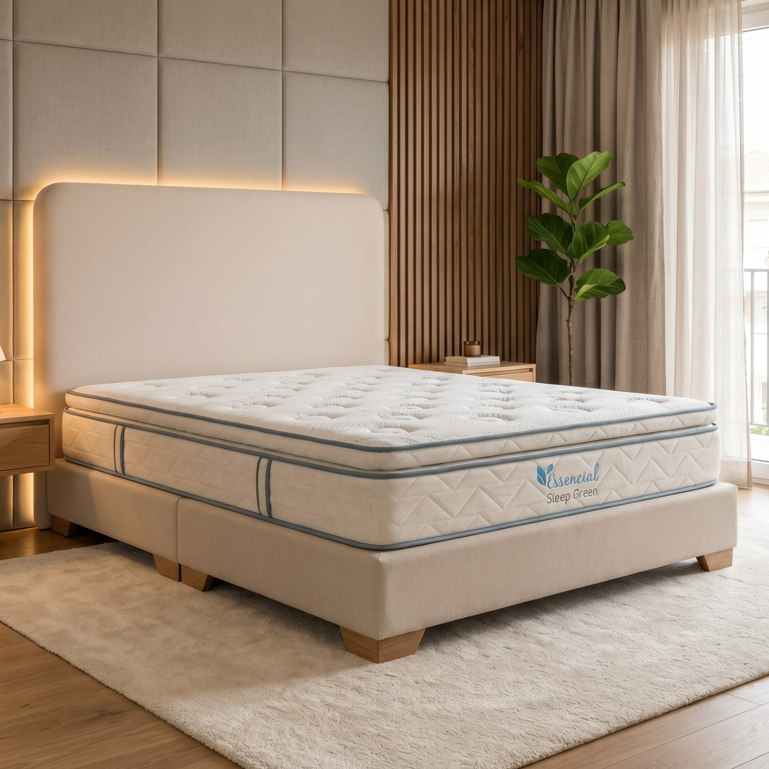 Dormitorio moderno de color beige con cama tapizada iluminada, alfombra blanca, detalles en madera y una planta en maceta junto a la ventana.