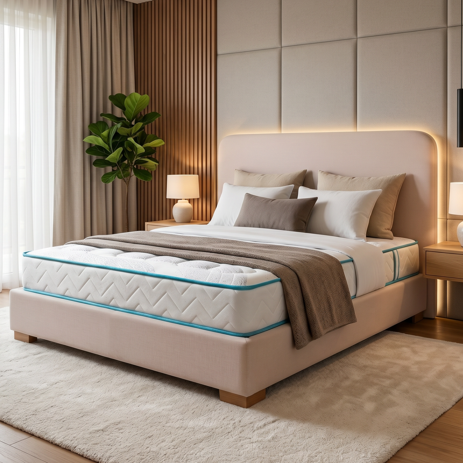 Dormitorio moderno con cama tapizada en color beige, iluminación tenue, planta y decoración neutra.