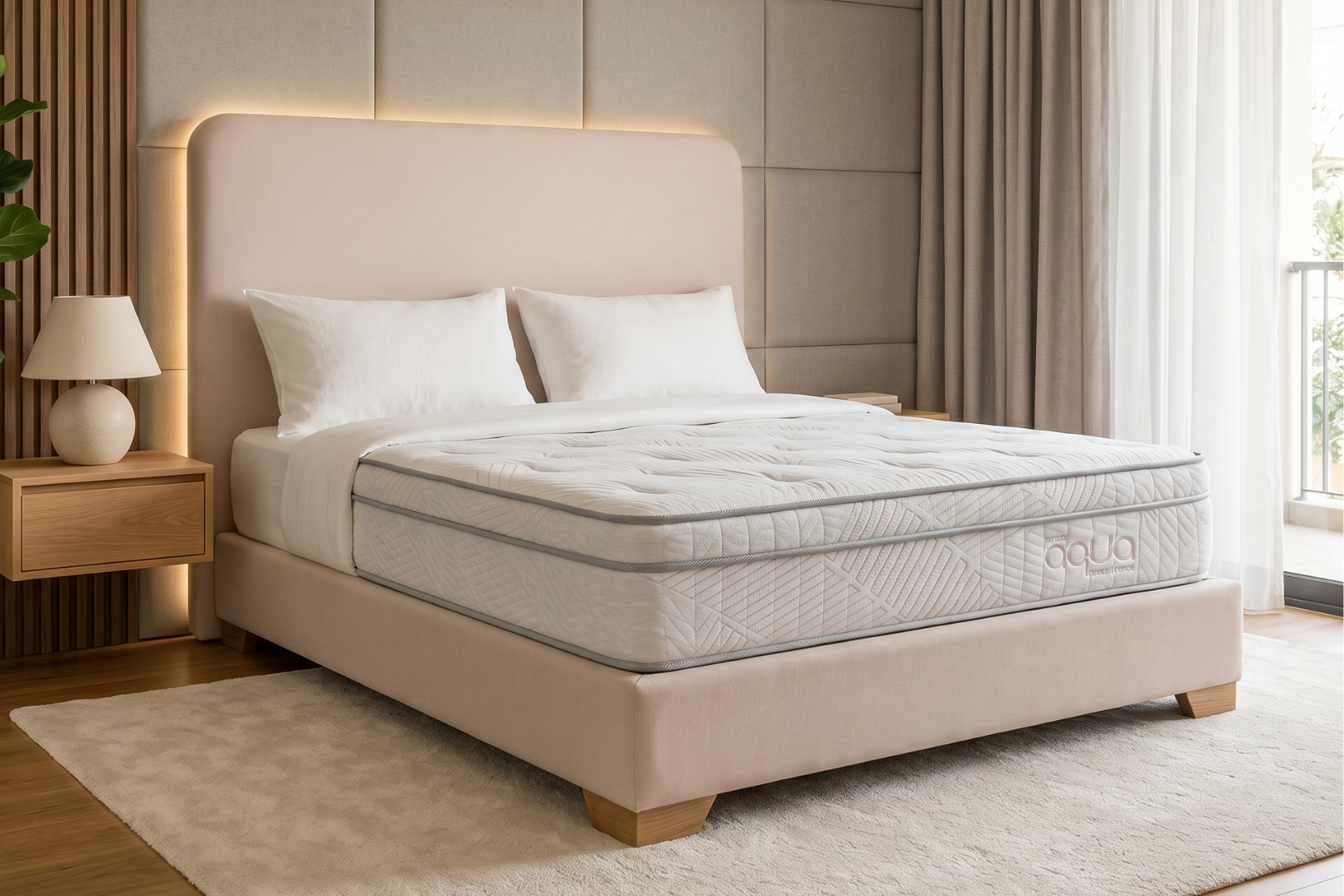 Dormitorio moderno de color beige con cama, ropa de cama blanca, mesitas de noche de madera y una alfombra suave.
