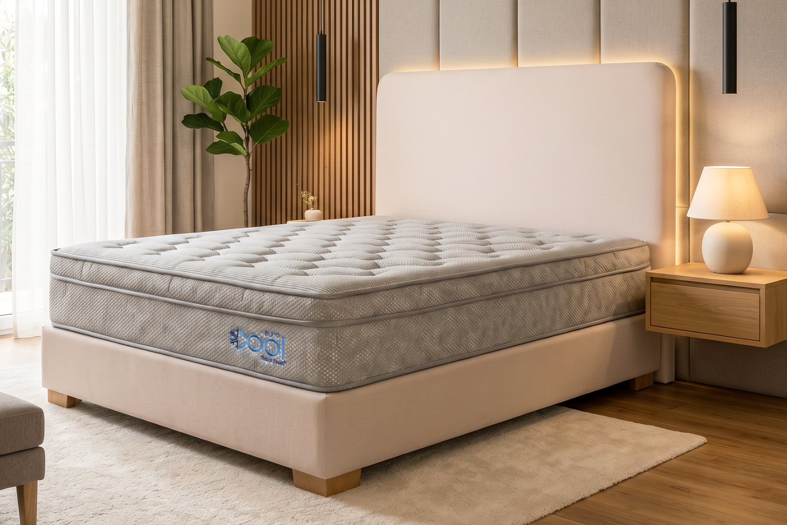 Dormitorio moderno con cama tapizada en color beige, colchón gris, detalles en madera y una suave lámpara de noche.