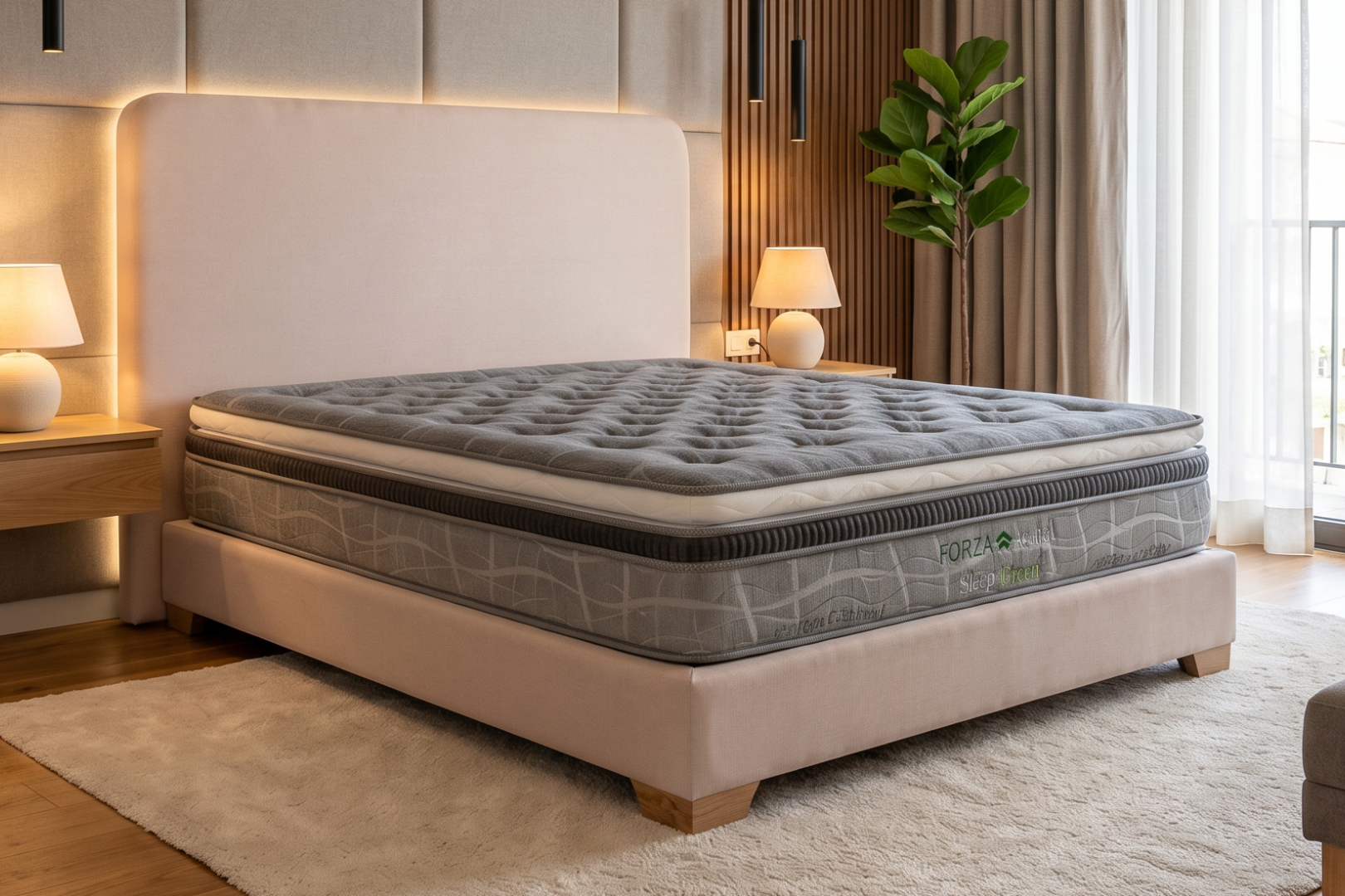 Dormitorio moderno con cama tapizada, colchón gris, lámparas de noche de luz cálida y una planta en maceta cerca de una ventana.