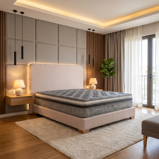 Dormitorio moderno con una cama grande, iluminación cálida, decoración neutra y cortinas del suelo al techo.
