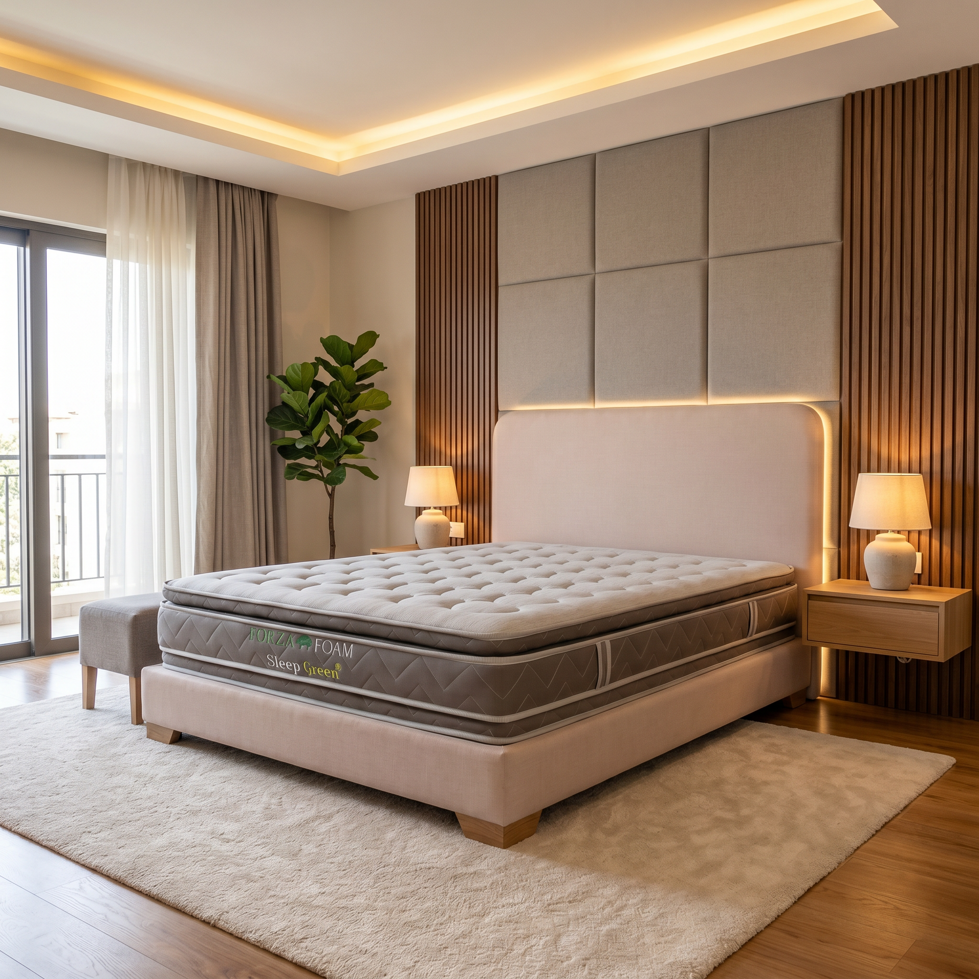 Dormitorio moderno con una cama grande tapizada, iluminación cálida, detalles en madera y vistas al balcón.