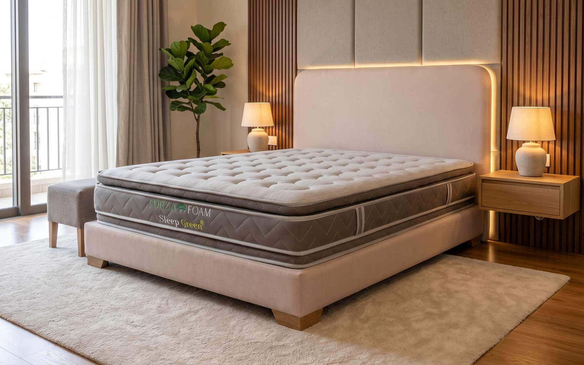 Dormitorio moderno con cama tapizada en color beige, colchón gris, detalles en madera y una suave lámpara de noche.