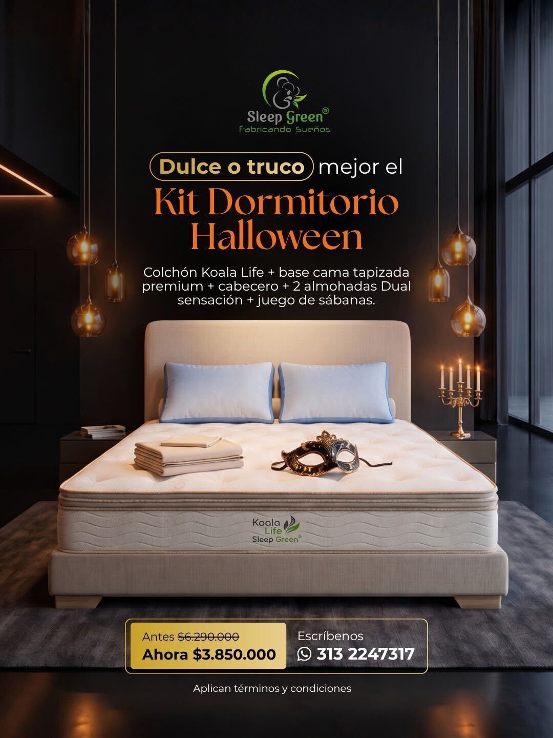 Promoción de decoración de dormitorio: cama beige con cabecero azul, luces cálidas y texto sobre “Kit Dormitorio Halloween”.