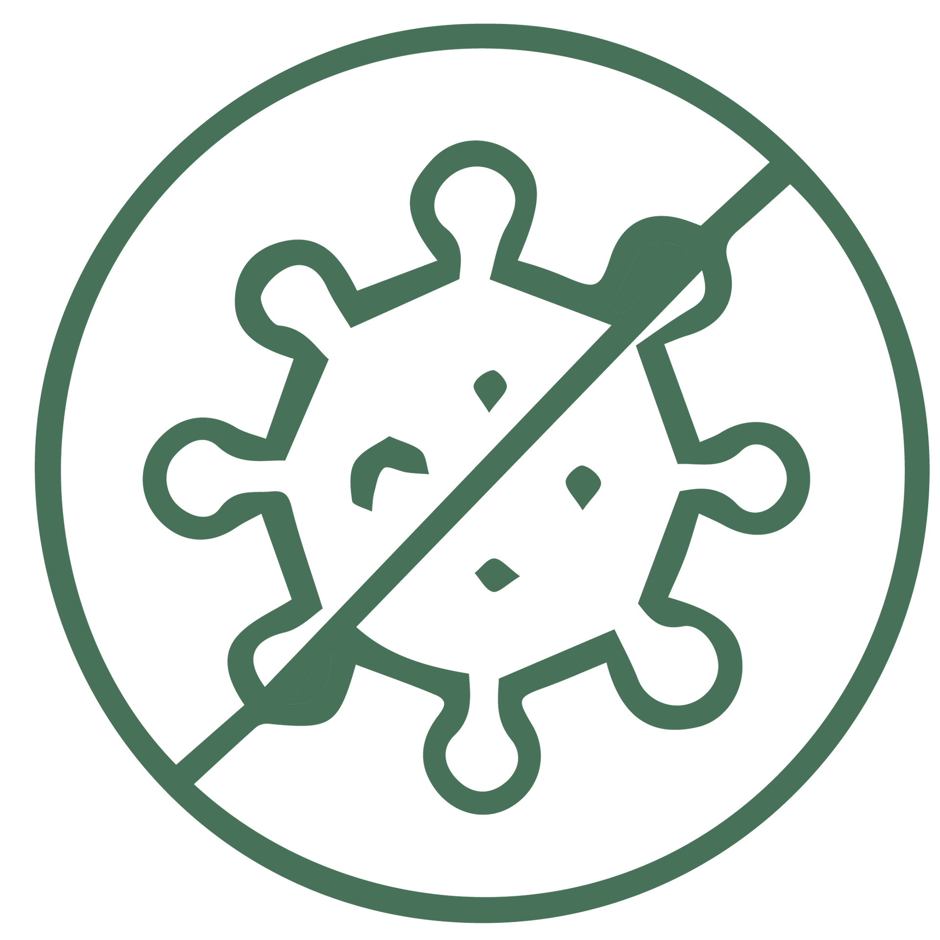 Icono de virus con contorno verde tachado con una barra diagonal, que indica protección o desinfección.