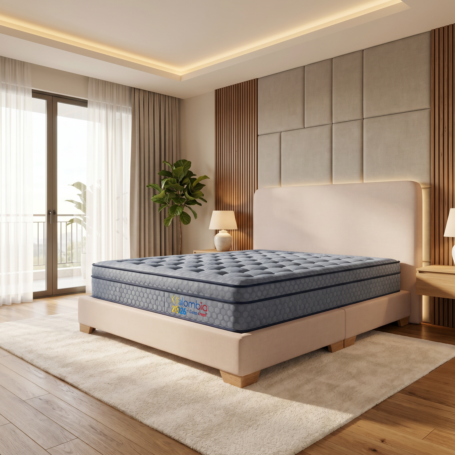 Dormitorio moderno con colchón gris sobre estructura de cama beige, decoración neutra y luz natural suave.