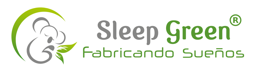 Logotipo de Sleep Green con una hoja verde y texto gris verdoso “fabricando sueños”
