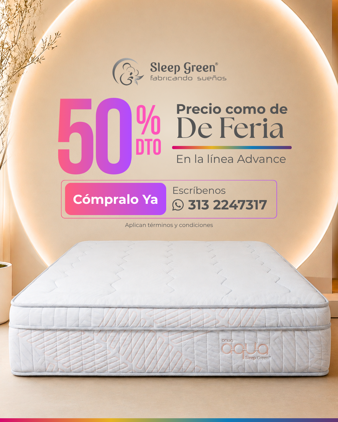 Anuncio promocional de colchones con texto rosa