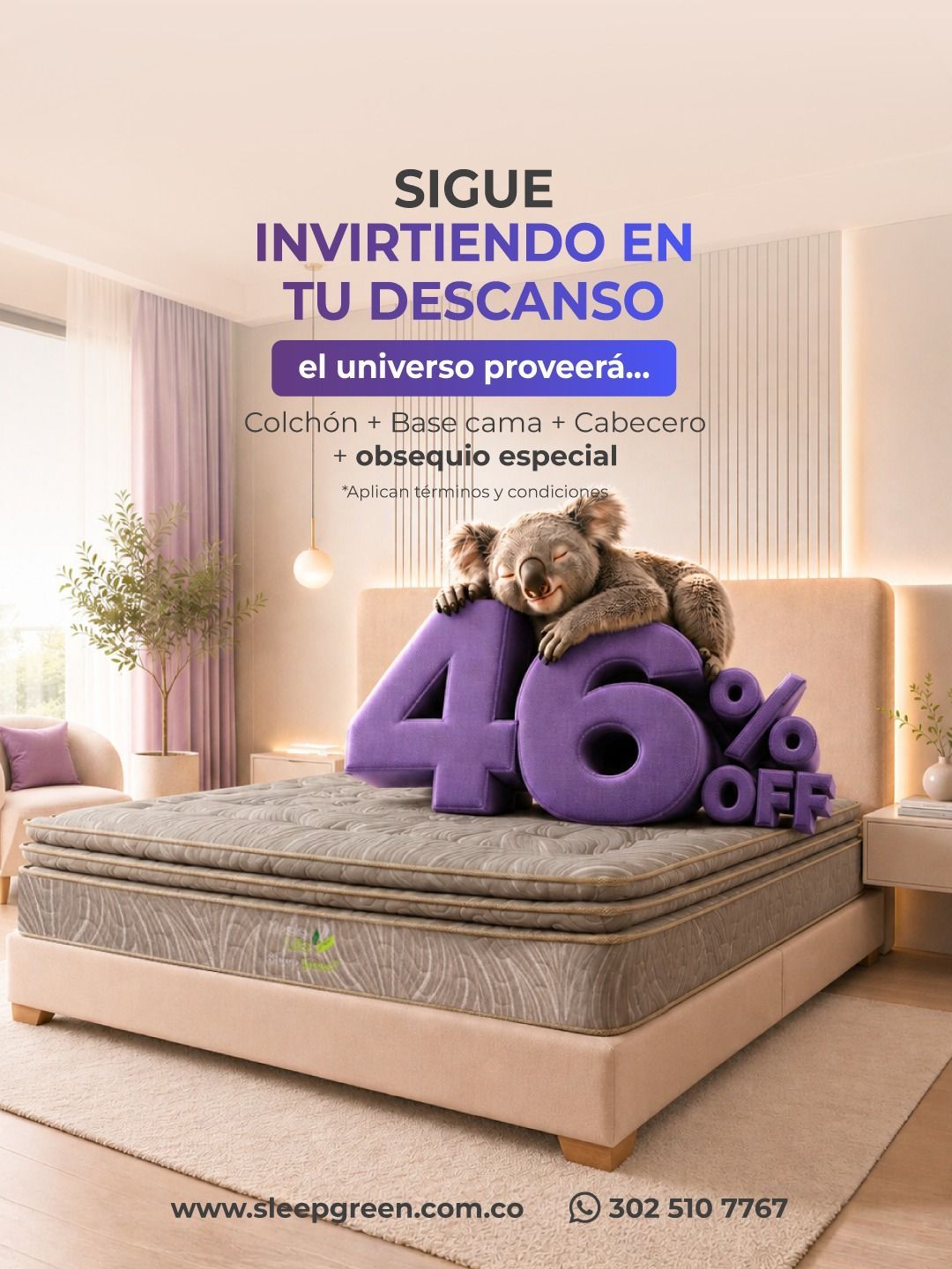 Promoción de venta de colchón con 46% de descuento, texto en español sobre cama en dormitorio beige.