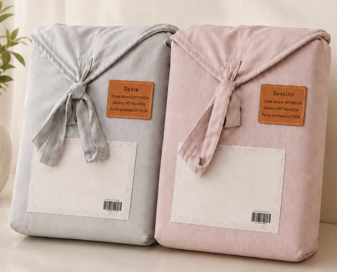 Dos regalos envueltos, uno gris y otro rosa, con cintas y pequeñas etiquetas sobre una superficie blanca.