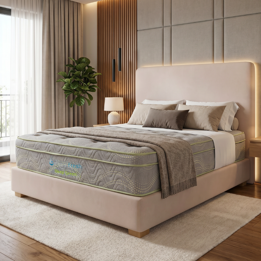 Dormitorio moderno con cama tapizada en color beige, ropa de cama gris, pared revestida de madera y luz natural suave.