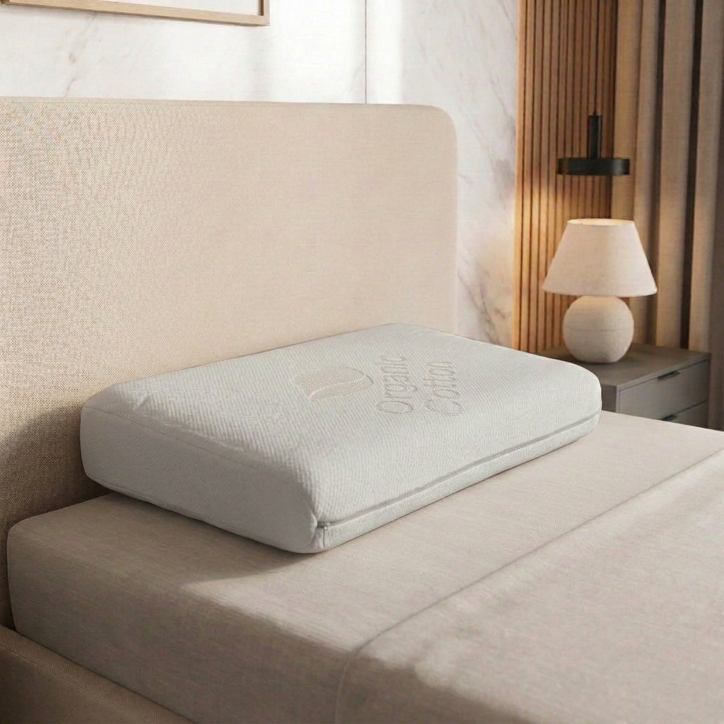 Cama bien hecha con cabecero beige, manta doblada y lámpara de noche en un dormitorio con iluminación tenue.
