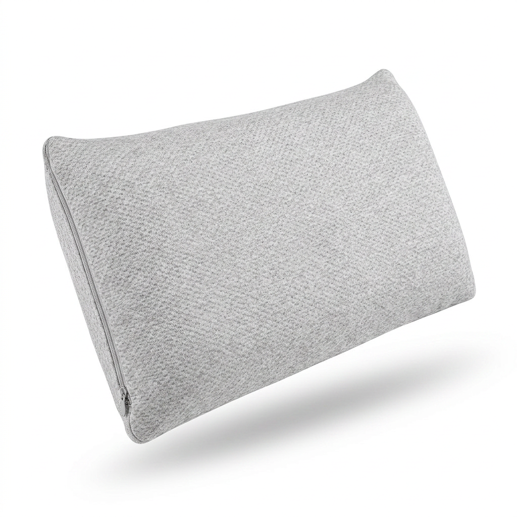 Cojín rectangular gris texturizado con bordes redondeados sobre fondo blanco.