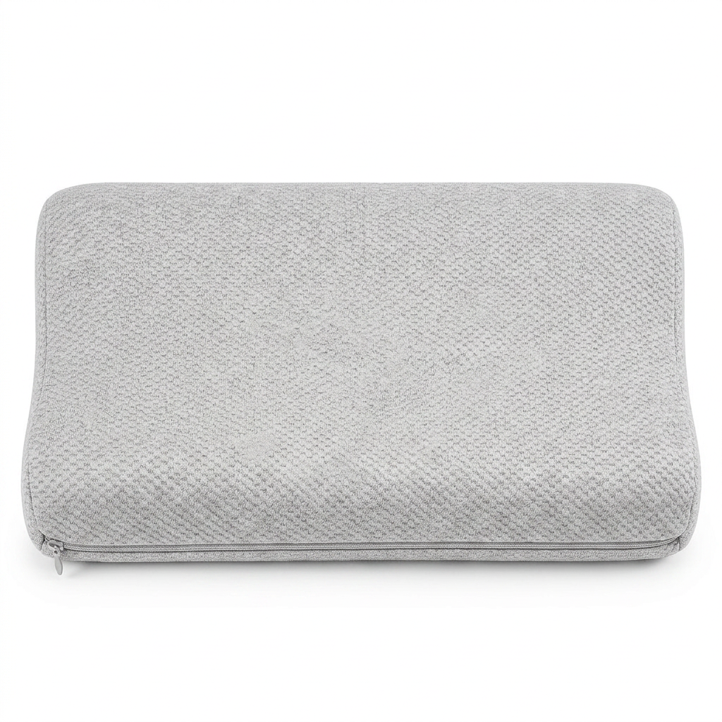 Cojín o cartera gris texturizada con cremallera sobre fondo blanco