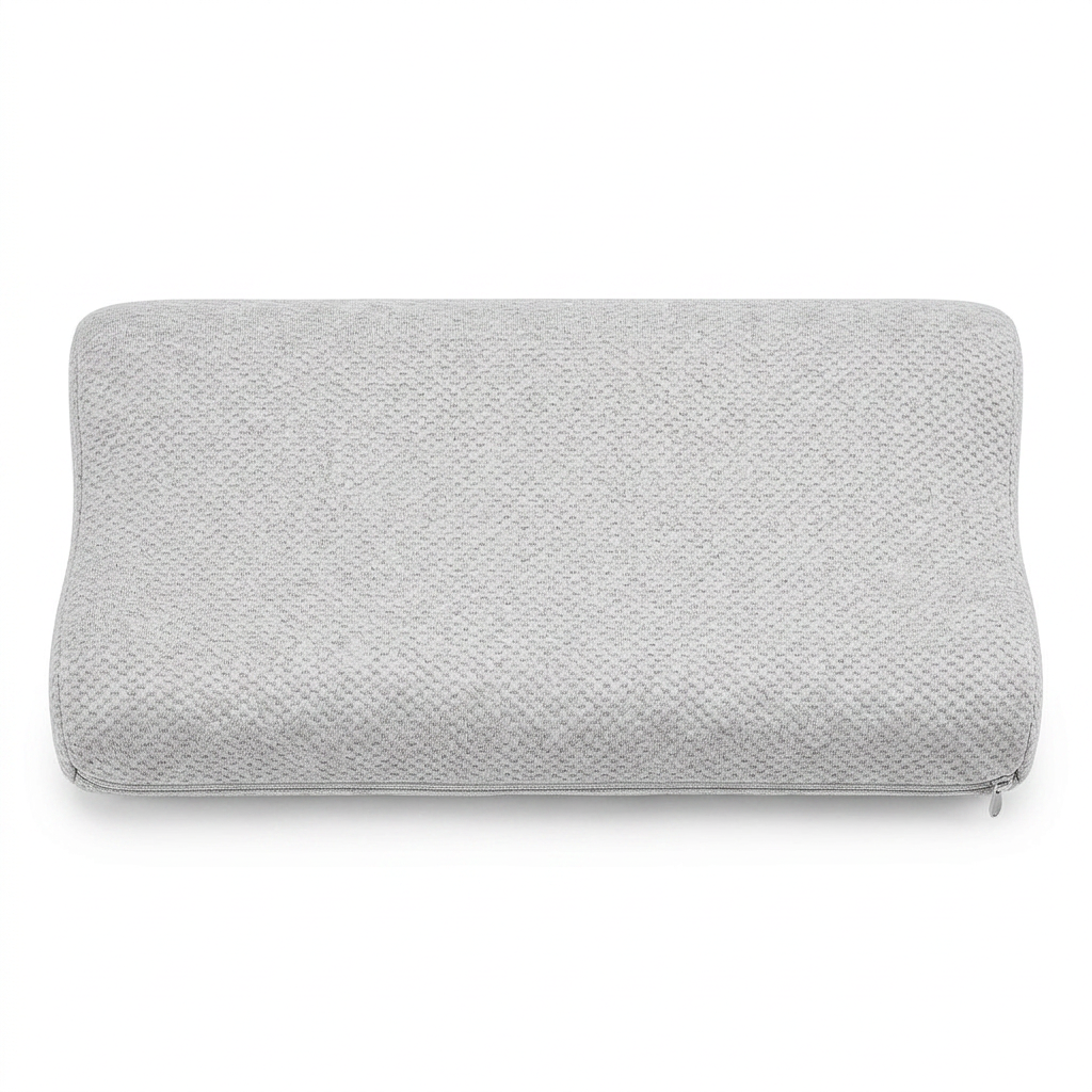 Cojín rectangular o almohada tapizada de color gris claro con textura sobre fondo blanco.