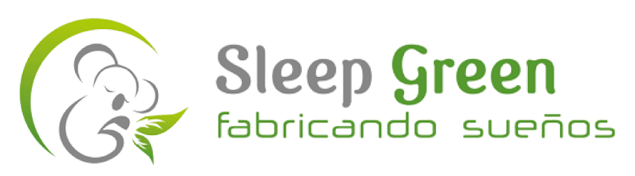 Logotipo de Sleep Green con una hoja verde y texto gris verdoso “fabricando sueños”