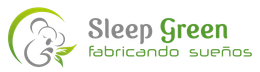 Logotipo de Sleep Green con una hoja verde y texto gris verdoso “fabricando sueños”