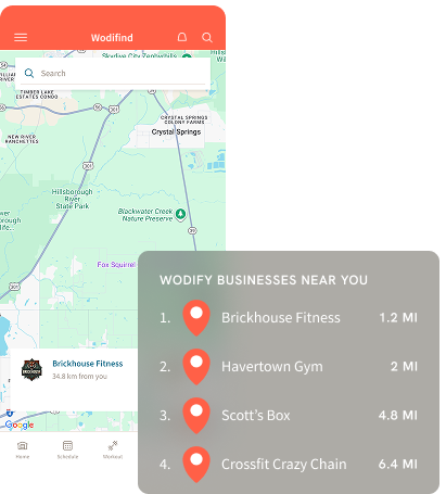 Mobile map app screen showing nearby businesses list over a map, with a red header and location pins.