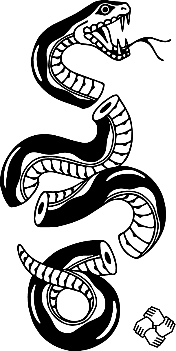 Black-and-white illustration of a coiled snake with open mouth and fangs, plus a small paw-print icon.