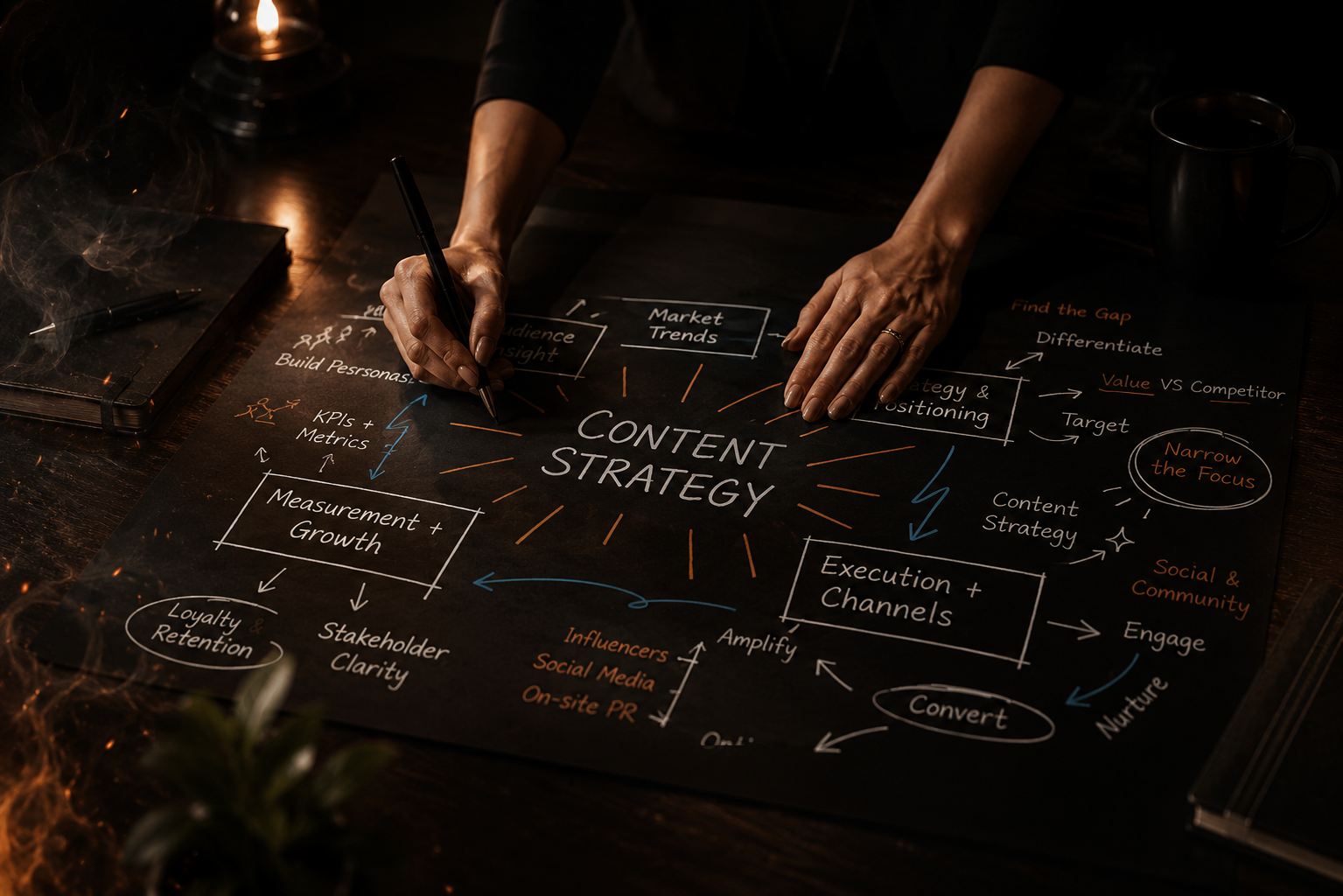 Hands sketching a content strategy diagram with colorful notes on paper.