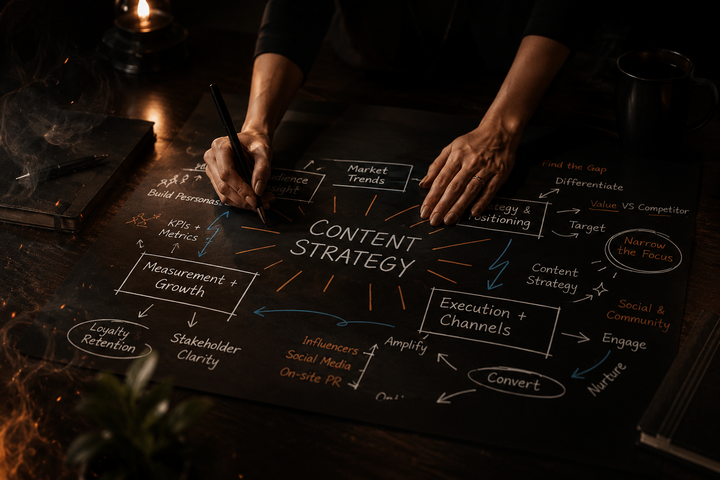 Hands sketching a content strategy diagram with colorful notes on paper.