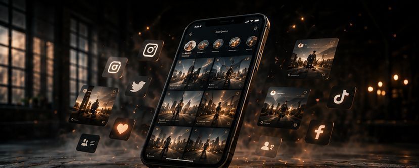 Smartphone screen showing social media app icons on a dark purple background