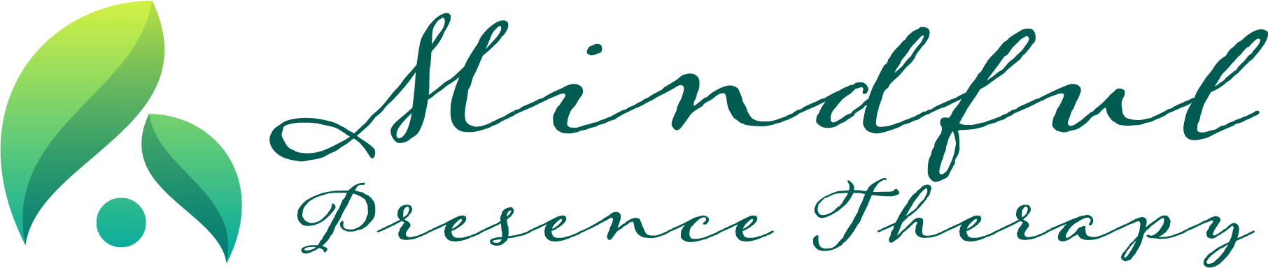 A logo for mindful presence therapy with a green leaf on a white background.